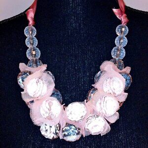 OVERSIZED SOFT PINK TULLE & ACRYLIC BEAD CHUNKY NECKLACE AND CHOKER
